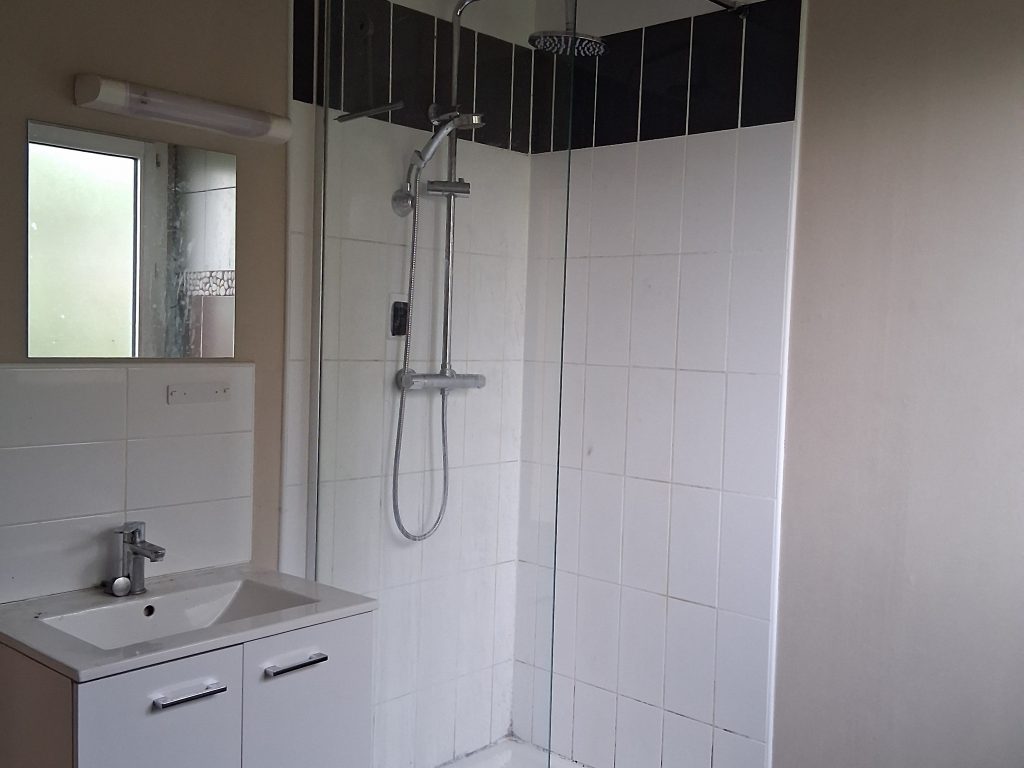 Salle de bain avec une douche dans le coin. Les murs sont blancs avec une ligne de carreaux noirs en haut. À gauche, il y a un petit meuble blanc avec un lavabo et un miroir juste au-dessus.